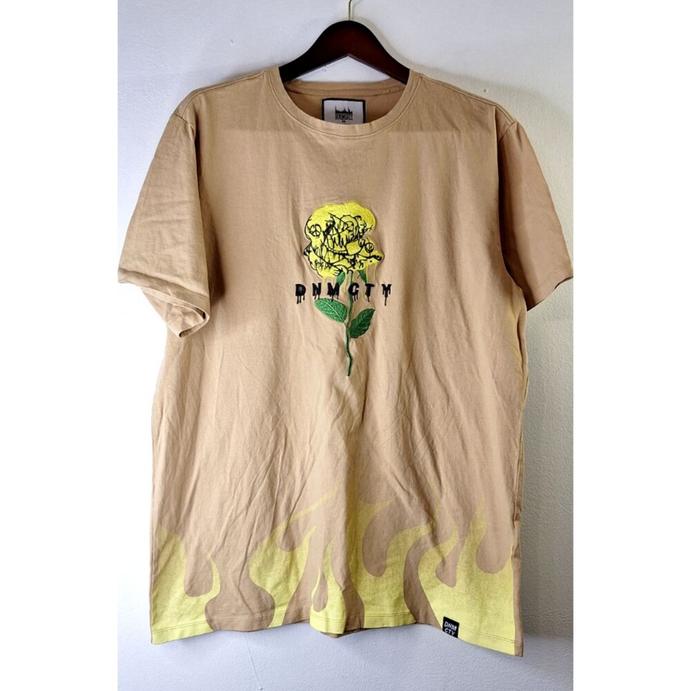 DENIMICITY Shirt Men's Sz 2XL Cotton Flames Rose Thrashed Grunge Skater Rave Y2K